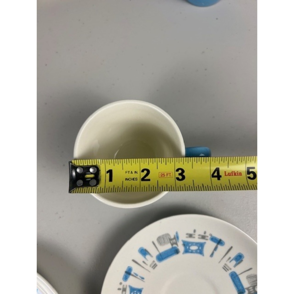 Vintage Mid Century Modern Atomic Kitchen Blue Tea Coffee Cup Saucer Set of Two - Picture 9 of 9